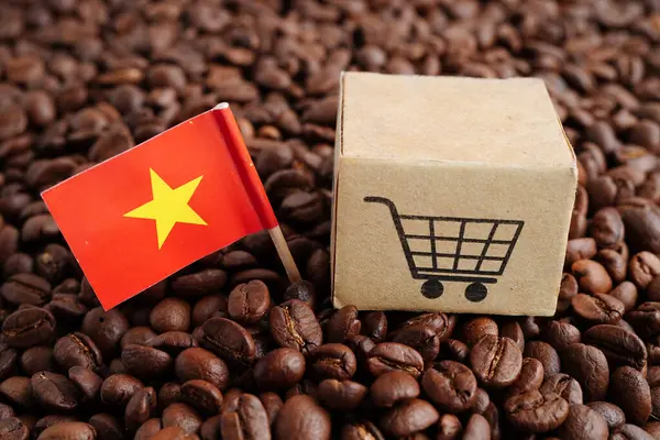Vietnam flag on coffee beans, shopping online for export or import food product.