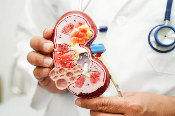 stock image Chronic kidney disease, doctor with model for treatment urinary system, urology, Estimated glomerular filtration rate eGFR.