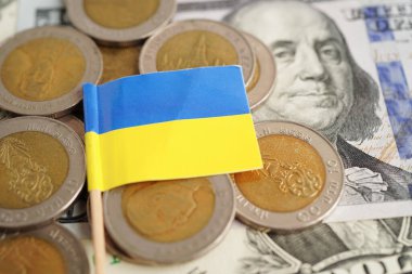 Para ve banknot üzerinde Ukrayna bayrağı, yatırım ticareti para birimi kavramını finanse ediyor.