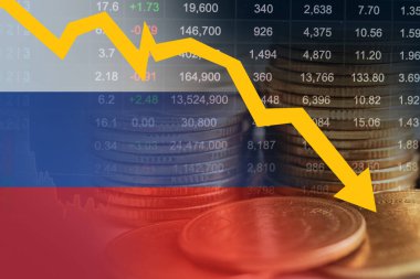 Russia flag with stock market finance, economy trend graph digital technology.