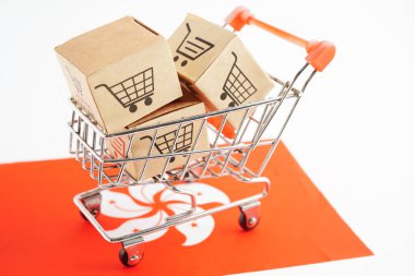 Çevrimiçi alışveriş, Hong Kong bayrağında alışveriş arabası kutusu, ithalat ihracat, finans ticareti.