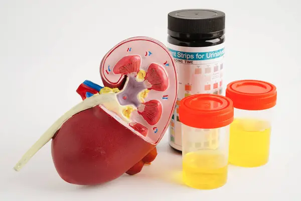 Stock image Urinalysis, Kidney and urine cup for check health examination in laboratory.