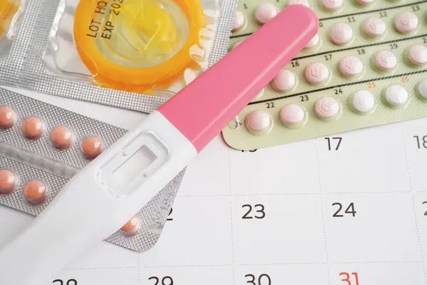 Pregnancy Test Birth Control Pills Condom Female Calendar Ovulation Day — Stock Photo, Image