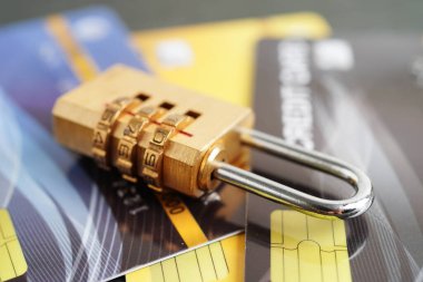 Credit card with password key lock, security finance business concept.
