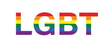 LGBT kelime metin mektubu, beyaz arkaplanda izole gökkuşağı renk bayrağı, vektör illüstrasyonu. 
