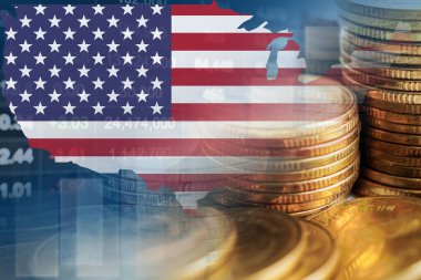 ABD bayrağı borsa finansmanı, ekonomi grafiği dijital teknolojisi ile.