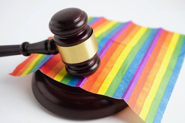 Gavel, LGBT gurur ayının sembolü olan gökkuşağı bayrağında hakim avukat adayı..