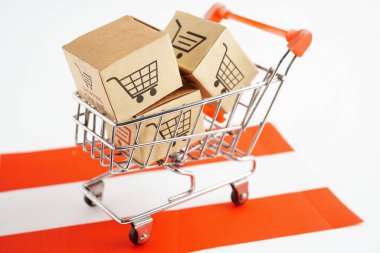 Çevrimiçi alışveriş, Avusturya bayrağında alışveriş arabası kutusu, ithalat ihracat, finans ticareti.