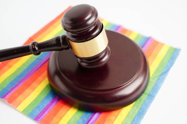 Gavel, LGBT gurur ayının sembolü olan gökkuşağı bayrağında hakim avukat adayı..