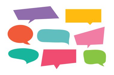 Çağrı seti, konuşma baloncukları, sohbetler, ögeler simgeleri, vektör illüstrasyonu.