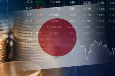 Borsa finansmanlı Japonya bayrağı, ekonomi grafiği dijital teknolojisi.