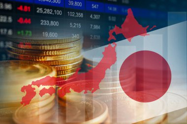 Japonya borsa finansmanı, ekonomi eğilimi grafik dijital teknolojisi ile bayrak ve harita.