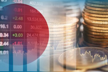 Borsa finansmanlı Japonya bayrağı, ekonomi grafiği dijital teknolojisi.