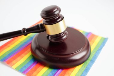 Gavel, LGBT gurur ayının sembolü olan gökkuşağı bayrağında hakim avukat adayı..