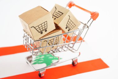 Çevrimiçi alışveriş, Lübnan bayrağında alışveriş arabası kutusu, ithalat ihracat, finans ticareti.