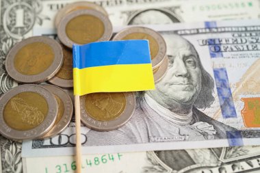 Para ve banknot üzerinde Ukrayna bayrağı, yatırım ticareti para birimi kavramını finanse ediyor.
