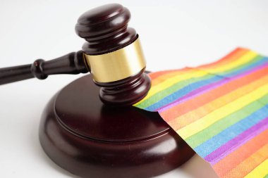 Gavel, LGBT gurur ayının sembolü olan gökkuşağı bayrağında hakim avukat adayı..