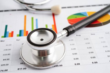 Çizelge üzerinde steteskop veya grafik kağıdı, Finansal, hesap, istatistik ve iş verileri tıbbi sağlığı.