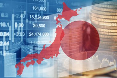 Borsa finansmanlı Japonya bayrağı, ekonomi grafiği dijital teknolojisi.