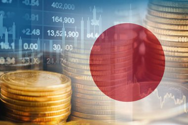 Borsa finansmanlı Japonya bayrağı, ekonomi grafiği dijital teknolojisi.