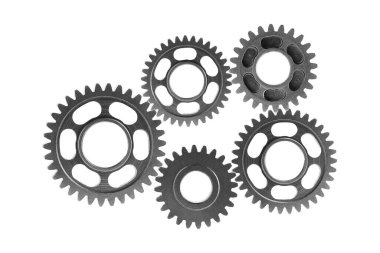 Metal teçhizat beyaz arka planda motor arabası ve motor için izole edildi, takım çalışması.