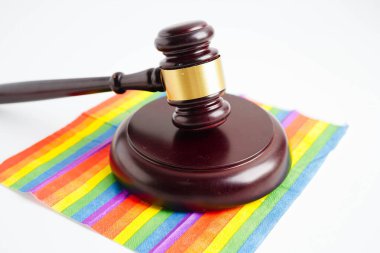 Gavel, LGBT gurur ayının sembolü olan gökkuşağı bayrağında hakim avukat adayı..