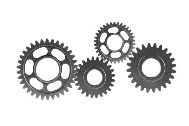 Metal teçhizat beyaz arka planda motor arabası ve motor için izole edildi, takım çalışması.
