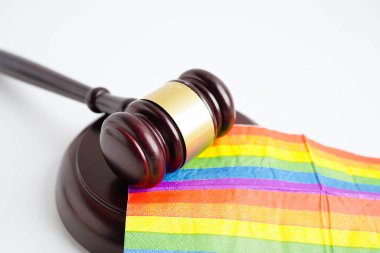 Gavel, LGBT gurur ayının sembolü olan gökkuşağı bayrağında hakim avukat adayı..