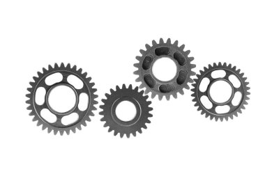 Metal teçhizat beyaz arka planda motor arabası ve motor için izole edildi, takım çalışması.