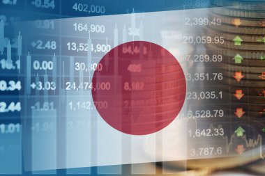 Borsa finansmanlı Japonya bayrağı, ekonomi grafiği dijital teknolojisi.