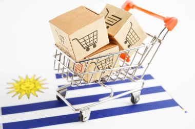 Çevrimiçi alışveriş, Uruguay bayrağında alışveriş arabası kutusu, ithalat ihracat, finans ticareti.