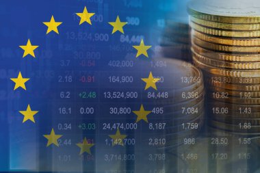 Borsa finansmanı ve ekonomi eğilimli AB bayrağı dijital grafik teknolojisi.