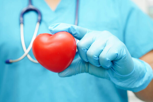 Asian woman doctor holding red heart for health in hospital.
