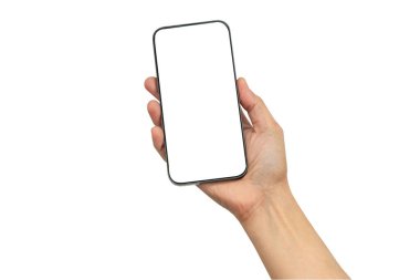 Akıllı telefonu elinde tutan Asyalı kadın beyaz arkaplanda kırpma yolu ile izole edilmiş boş ekran ile.