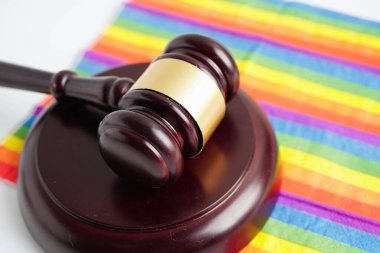 Gavel, LGBT gurur ayının sembolü olan gökkuşağı bayrağında hakim avukat adayı..
