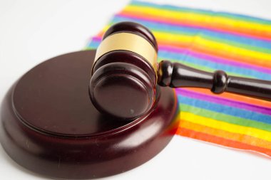 Gavel, LGBT gurur ayının sembolü olan gökkuşağı bayrağında hakim avukat adayı..