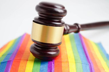 Gavel, LGBT gurur ayının sembolü olan gökkuşağı bayrağında hakim avukat adayı..