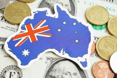 Avustralya para ve banknot üzerinde bayrak, finansman ticaret yatırım ticari para birimi kavramı.