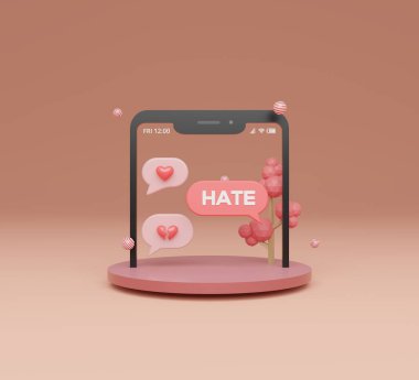 3D smartphone with chat love bubbles alert notification and reaction