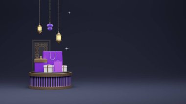 Sosyal Medya İslami Satış Postası tasarım şablonu. 3D görüntüleme çantası, podyum sahnesi ve siyah arkaplan üzerine İslami emir.