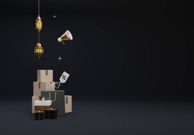 Ramazan kareem satış etiketi, 3 boyutlu hediye kutuları ve alışveriş torbalarıyla birlikte satılık İslami Tebrik kartı.