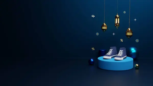 Шаблон Дизайна Social Media Islamic Sale Post Рендеринг Обуви Подиуме Стоковое Изображение