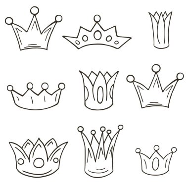 Simgeler ve tasarım elementleri. Resimler elde çizim tarzında. Taçlar. Simgelerin, işaretlerin, iğnelerin, çıkartmaların tek renkli koleksiyonu