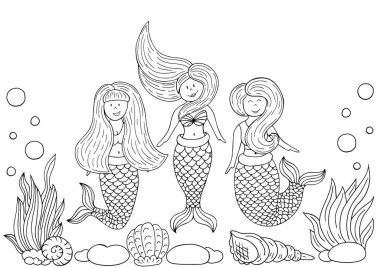Tek renkli illüstrasyonlar. Su altı dünyasından üç denizkızı arkadaş. Çocuk tatili çizimleri, kartpostallar.