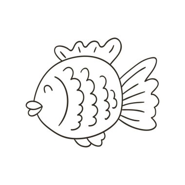 Deniz sakinleri ve tasarım elementleri. Elde çizim stili. Tek renkli simge, çıkartma, iğne, işaret. Balık