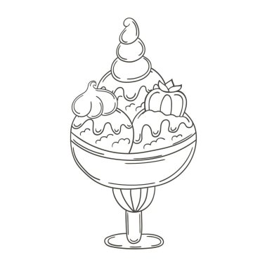 Tasarımınız için tek renkli grafik ögesi. Elde çizim stili. Cam vazoda dondurma var. Simge