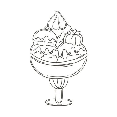 Tasarımınız için renklendirme grafik ögesi. Elde çizim stili. Cam vazoda dondurma var. Simge, iğne, çıkartma