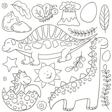 El çizimi biçiminde vektör çizimleri. Boyama çizimleri, dinozor severler için poster. Çıkartma koleksiyonu. Dinozor, volkan