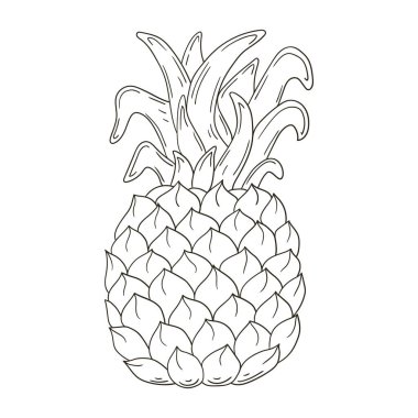 Ananas. Elle çizilmiş renkler. Çocuk resimleri, egzotik meyveler. Simge, işaret, sembol etiketi