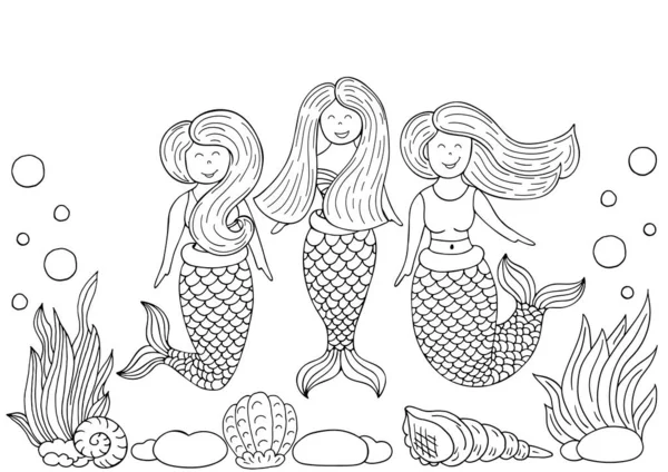 Три Дружки Русалки Підводному Світі Монохром Пошуках Відпочинку Дітей Листівки — стоковий вектор